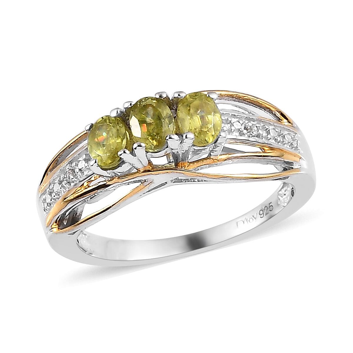 Premium Sava Sphene and White Zircon Ring in Vermeil Yellow Gold and Platinum Over Sterling Silver 0.60 ctw
