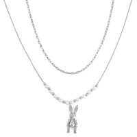 White Shell Pearl and Austrian Crystal Rabbit Pendant Necklace 20-22 Inches in Silvertone