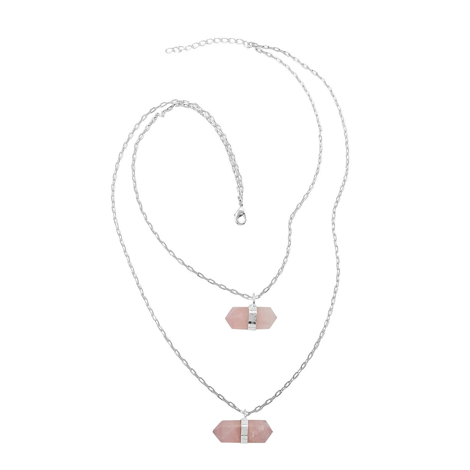 Galilea Rose Quartz Double Layer Necklace 21-23 Inches in Silvertone 36.00 ctw
