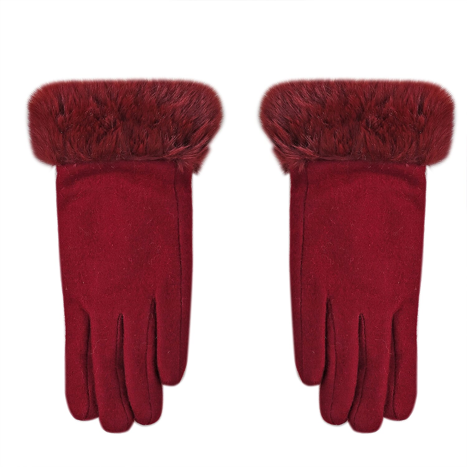 Wine 70% Cashmere Wool and 30% Polyster Faux Fur Gloves with Touch Screen Function (9"x3.93")