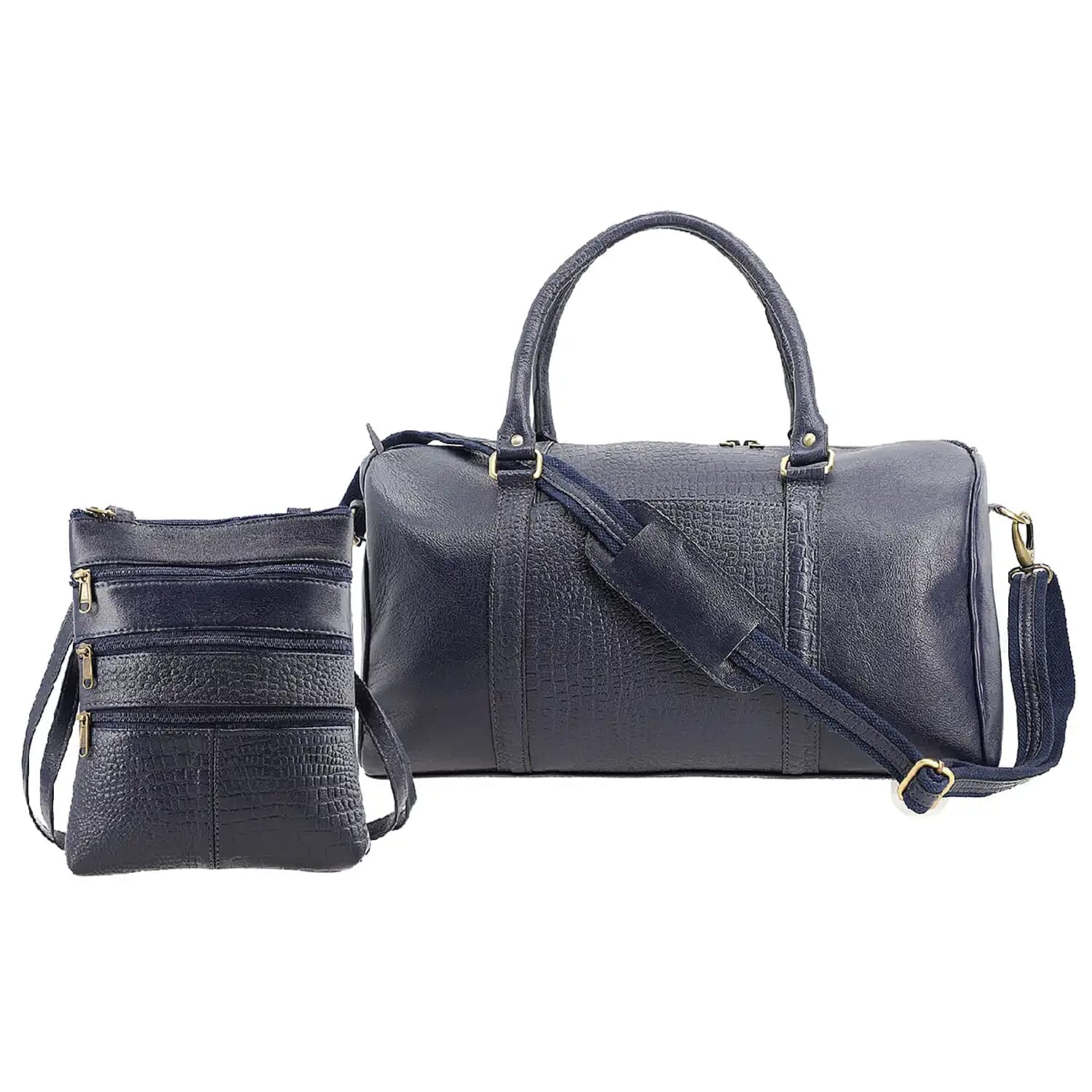 Set of 2 Navy 100% Genuine Leather Croco Embossed Luggage Duffle with Crossbody Bag