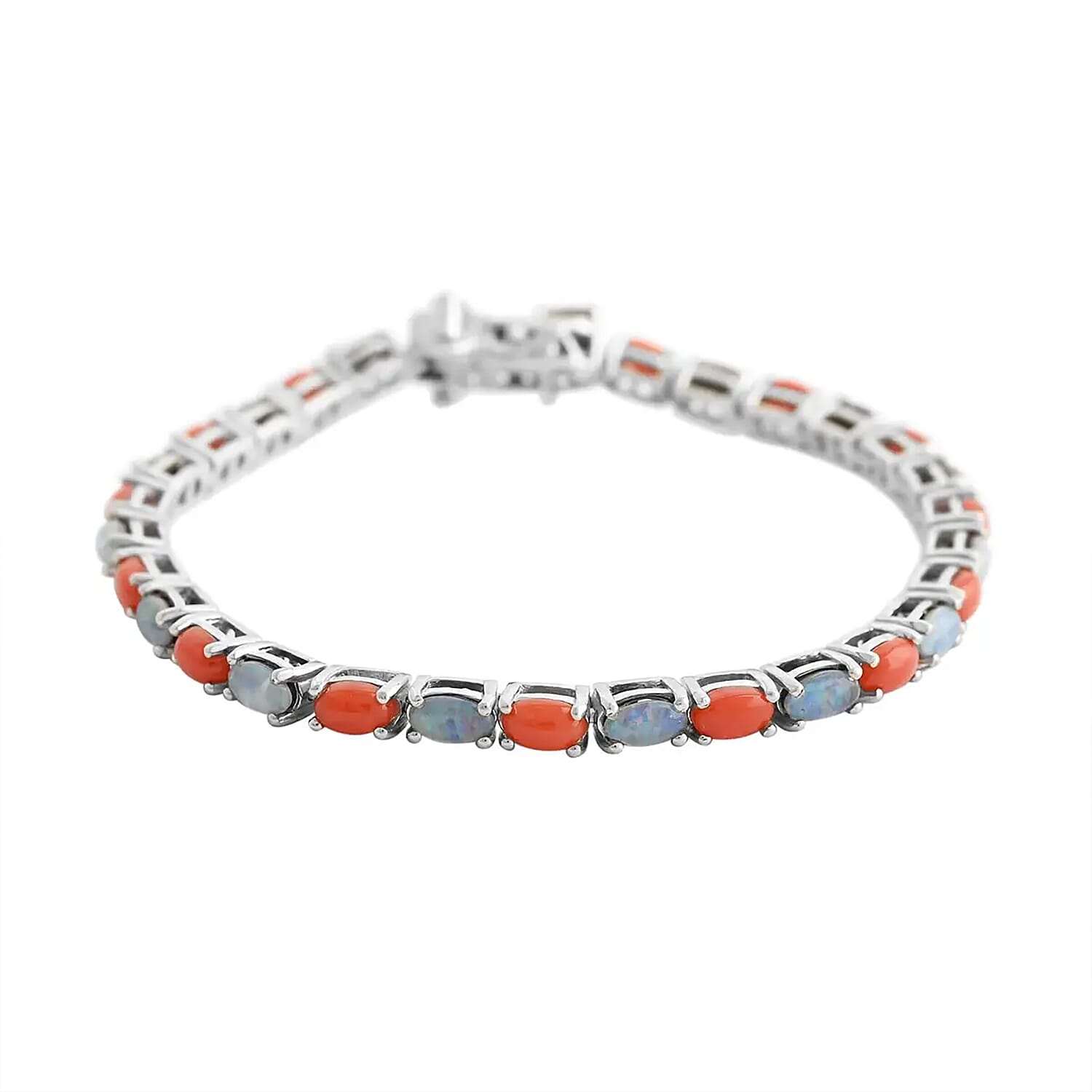 Boulder Opal Triplet and Mediterranean Coral Tennis Bracelet in Rhodium Over Sterling Silver (7.25 In) 7.25 ctw
