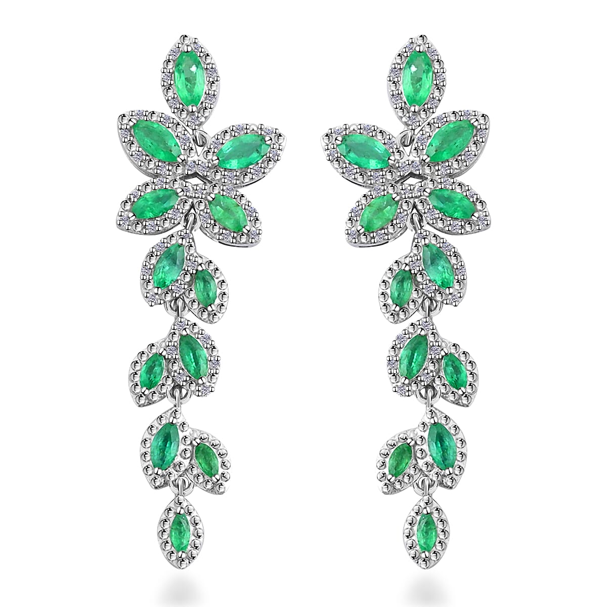 AAA Kagem Emerald and White Zircon Leaves Dangle Earring in Rhodium Over Sterling Silver 3.70 ctw