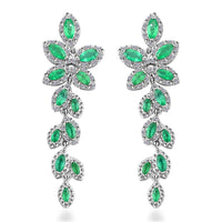 AAA Kagem Emerald and White Zircon Leaves Dangle Earring in Rhodium Over Sterling Silver 3.70 ctw