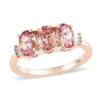 Luxoro 10K Rose Gold Natural Premium Padparadscha Tourmaline and Diamond Accent 3 Stone Ring (Size 9.0) 1.35 ctw