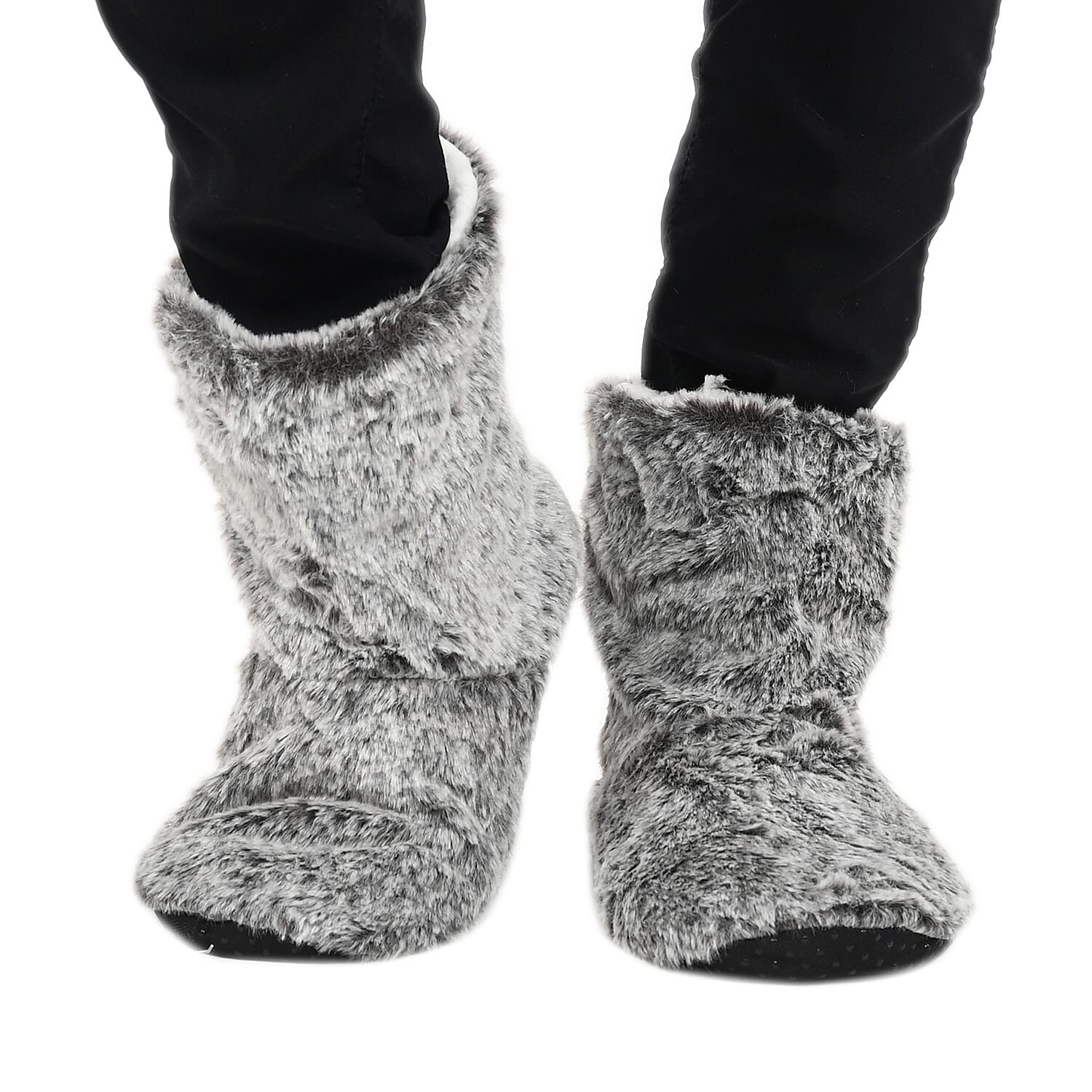 Set of 2 Pairs Grey Faux Fur Sherpa Home Bootie and Home Shoes (2.54"x7.08")