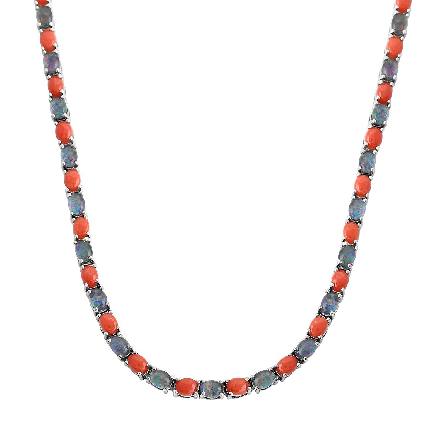 Boulder Opal Triplet and Mediterranean Coral Tennis Necklace 18 Inches in Rhodium Over Sterling Silver 19.90 ctw