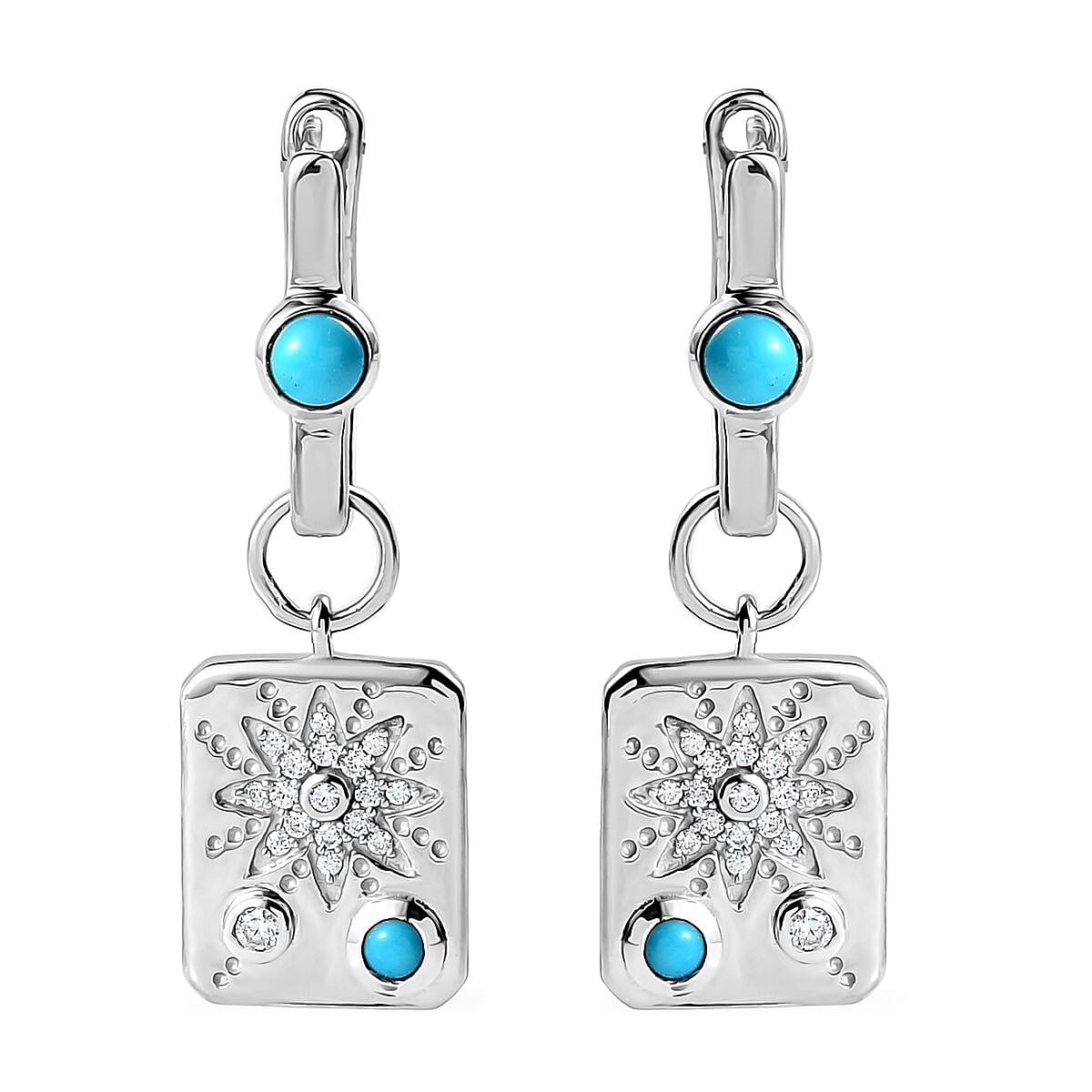 Sleeping Beauty Turquoise and Moissanite Sun Starburst Medallion Statement Earrings in Platinum Over Sterling Silver 1.10 ctw