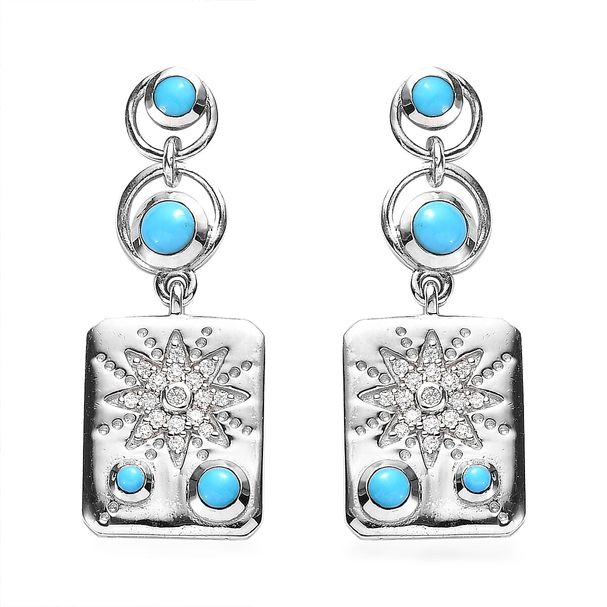 Sleeping Beauty Turquoise and Moissanite Sun Starburst Medallion Statement Earrings in Platinum Over Sterling Silver 1.35 ctw