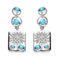 Sleeping Beauty Turquoise and Moissanite Sun Starburst Medallion Statement Earrings in Platinum Over Sterling Silver 1.35 ctw - Sticky add to cart bar