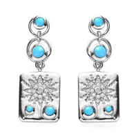 Sleeping Beauty Turquoise and Moissanite Sun Starburst Medallion Statement Earrings in Platinum Over Sterling Silver 1.35 ctw