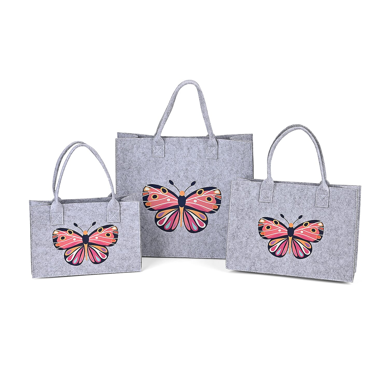 Set of 3 Butterfly Pattern Felt Tote Bag (11.81"x7.87"x4.72"), (13.78"x9.84"x4.72") and (15.75"x13.78"x5.9")