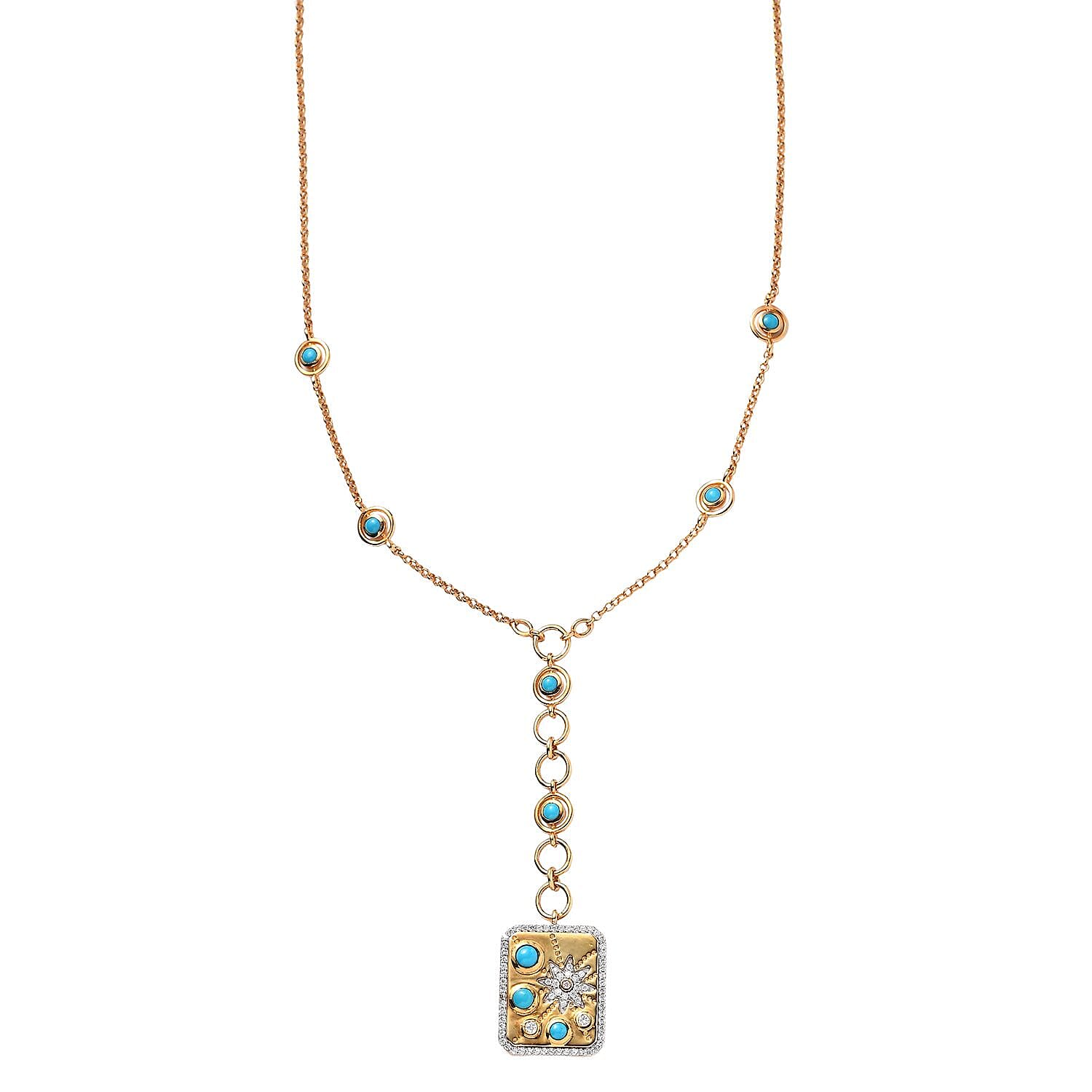 Sleeping Beauty Turquoise and Moissanite 1.85 ctw Celestial Medallion Coin Necklace 18 Inches in Vermeil Yellow Gold Over Sterling Silver