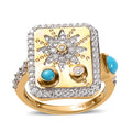Sleeping Beauty Turquoise and Moissanite Sun Starburst Medallion Statement Signet Ring in Vermeil Yellow Gold Over Sterling Silver (Size 6.0) 1.00 ctw - Sticky add to cart bar