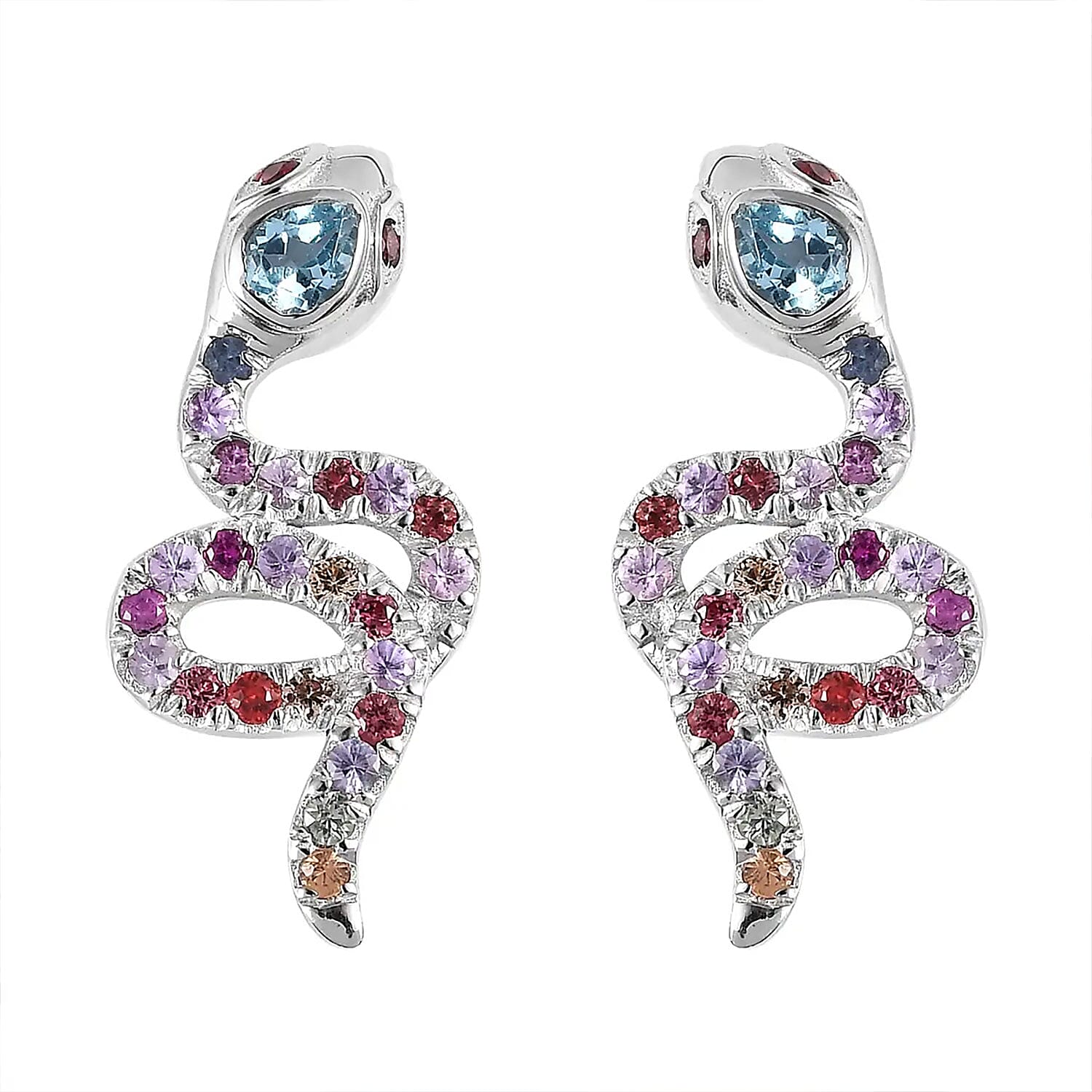 Sky Blue Topaz and Multi Sapphire Snake Earrings in Rhodium Over Sterling Silver 1.60 ctw