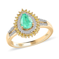 One Time Only Luxoro 10K Yellow Gold Premium Boyaca Colombian Emerald, Moissanite, Natural Yellow Diamond (I3) Double Halo Ring (Size 6.0) 1.00 ctw