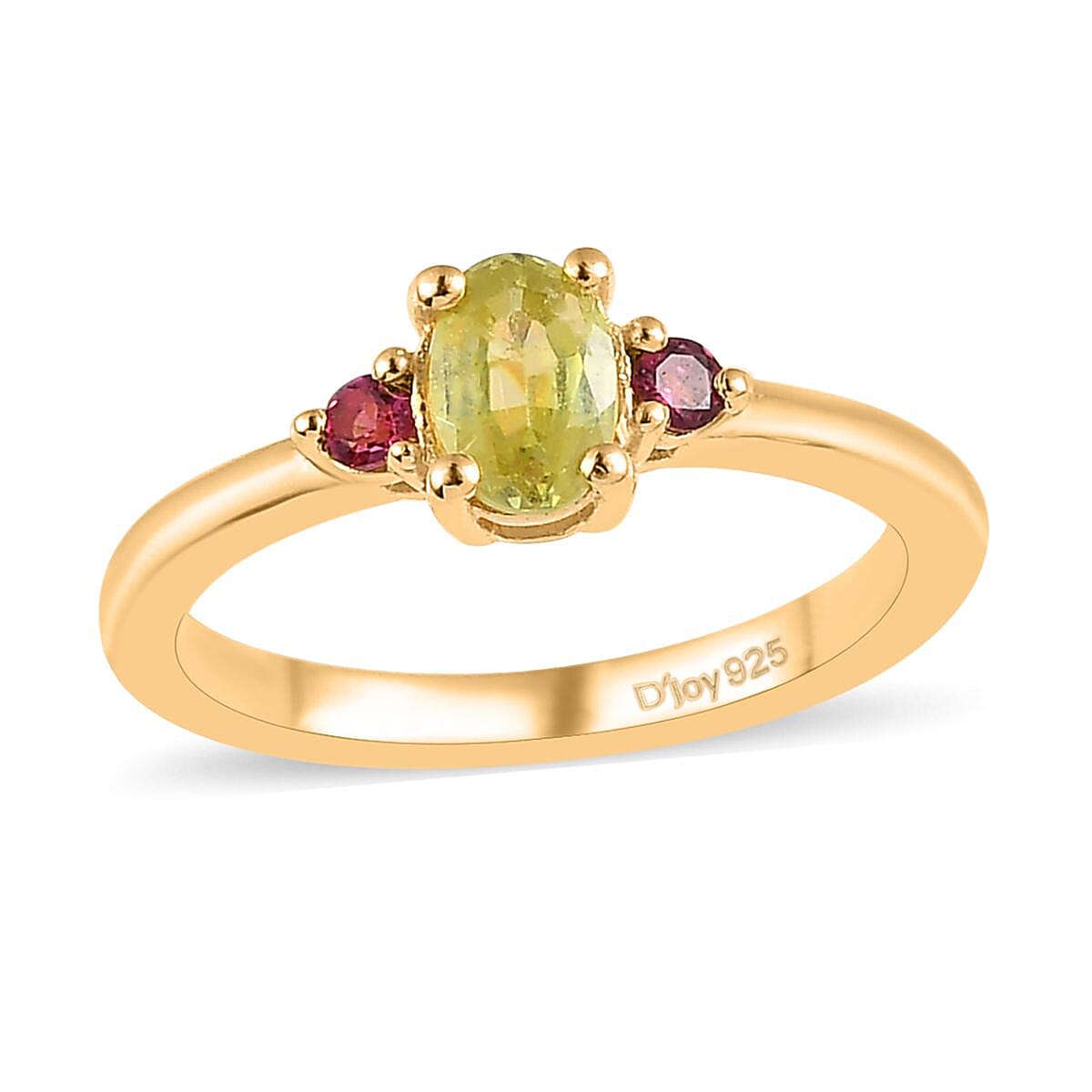Premium Sava Sphene and Ouro Fino Rubellite 3 Stone Ring in Vermeil Yellow Gold Over Sterling Silver 0.60 ctw