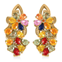 Rainbow Sapphire 5.60 ctw Floral Earrings in Vermeil Yellow Gold Over Sterling Silver