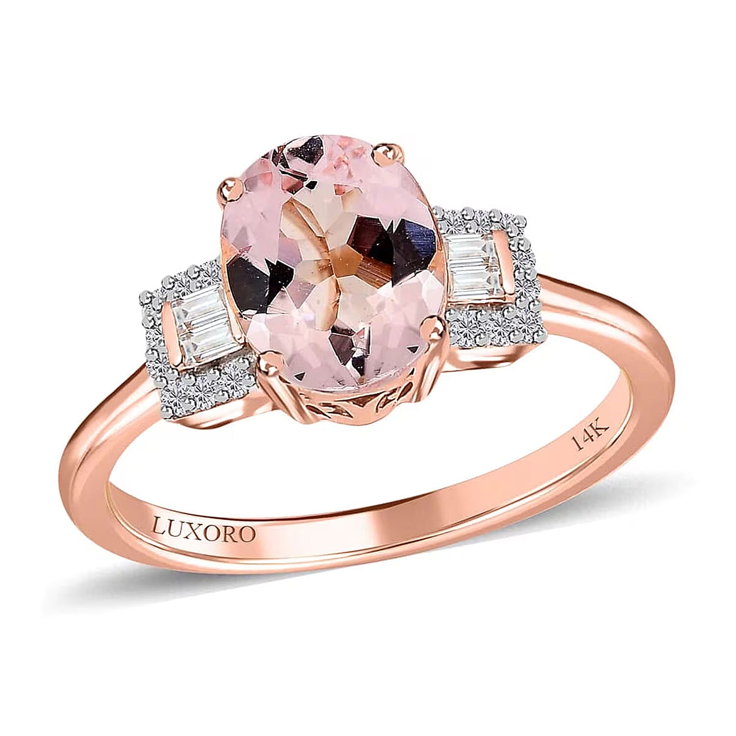 Luxoro 14K Rose Gold AAA Pink Morganite, Moissanite Ring (Size 10.0) 1.65 ctw