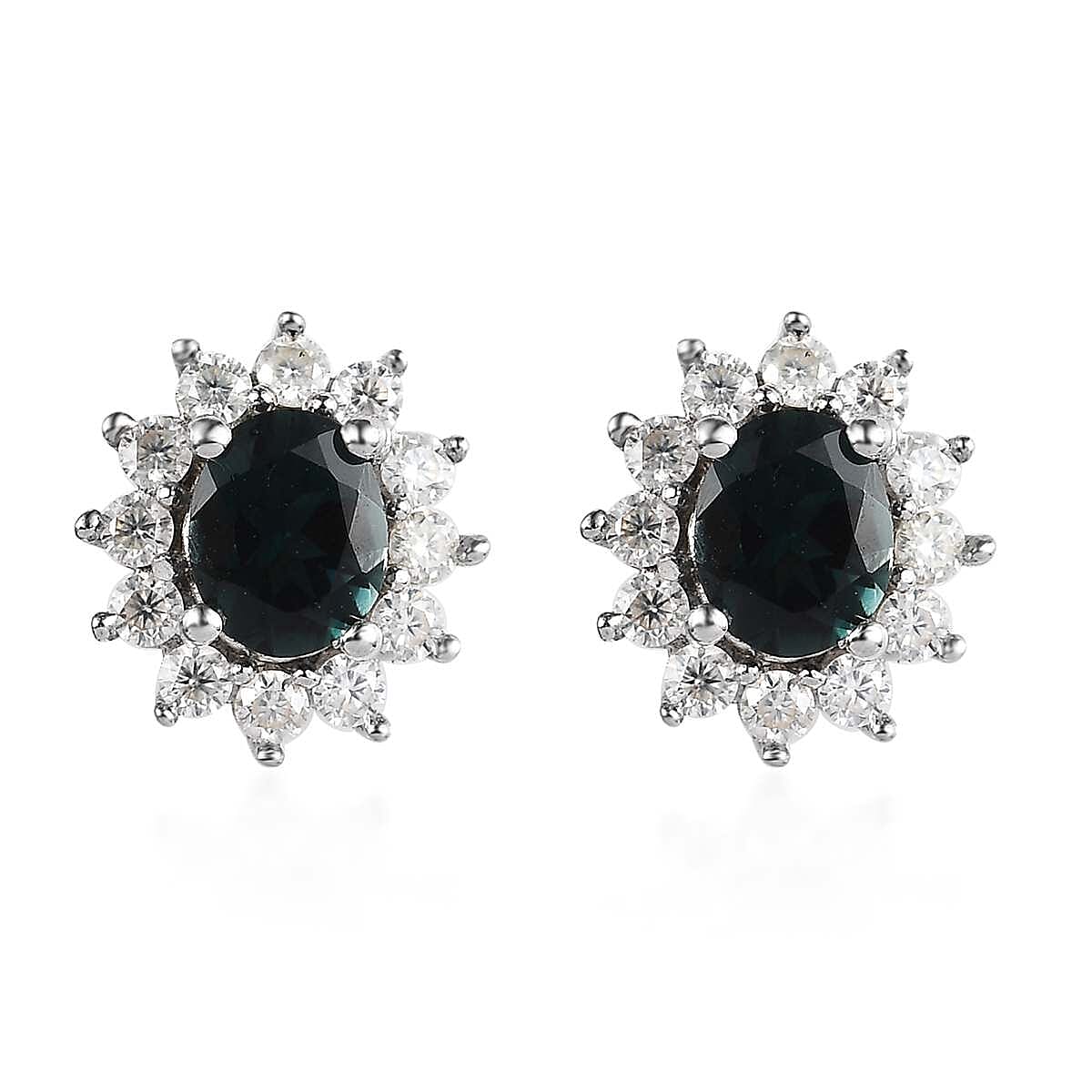 Monte Belo Indicolite and Moissanite Sunburst Stud Earrings in Platinum Over Sterling Silver 1.10 ctw