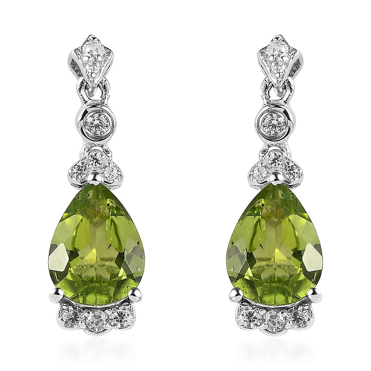 Premium Peridot and White Zircon Drop Earrings in Rhodium Over Sterling Silver 3.70 ctw
