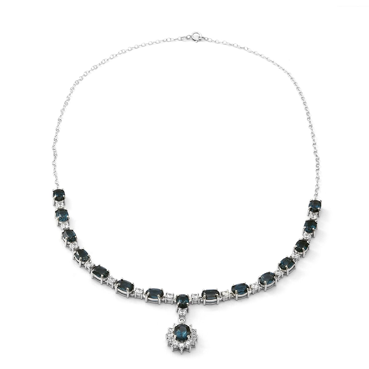London Blue Topaz and Natural White Zircon Necklace 18 Inches in Platinum Over Sterling Silver 10 Grams 18.30 ctw