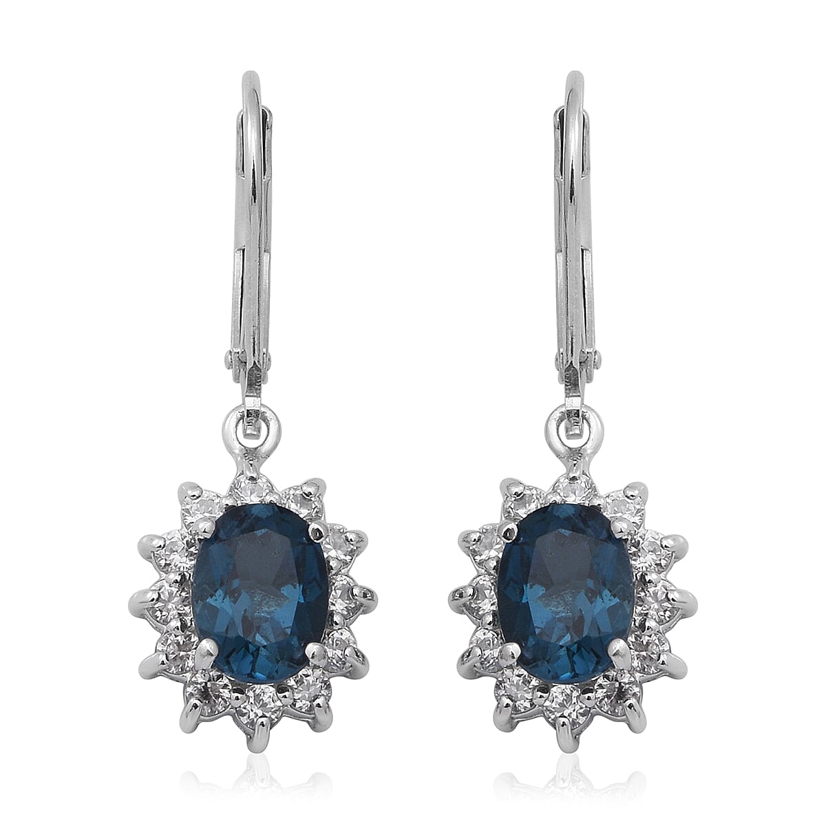 London Blue Topaz and Natural White Zircon Earrings in Platinum Over Sterling Silver 4.10 ctw