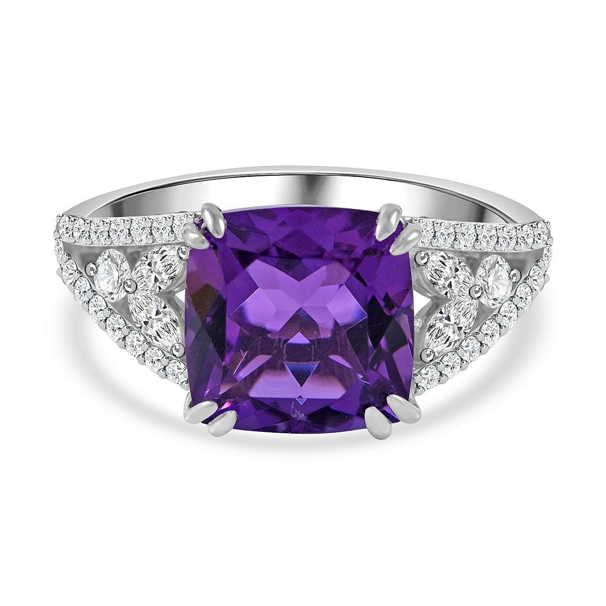 Lusaka Amethyst, White Zircon Ring in Rhodium Over Sterling Silver (Size 11.5) 6.00 ctw