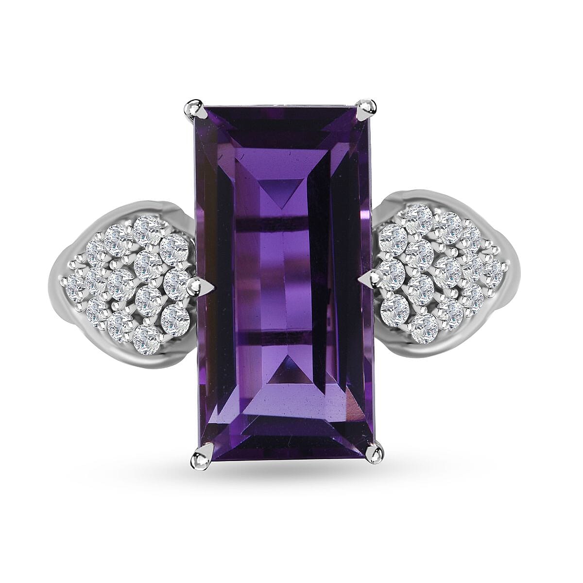 Lusaka Amethyst, White Zircon Ring in Rhodium Over Sterling Silver (Size 8.0) 7.40 ctw