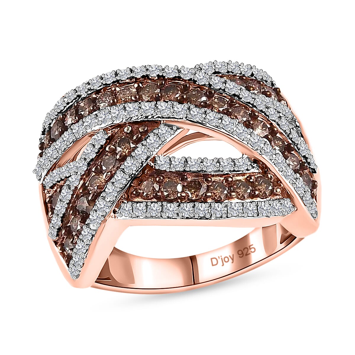 Natural Champagne and White Diamond Criss Cross Ring in Vermeil Rose Gold Over Sterling Silver 1.10 ctw