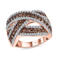 Natural Champagne and White Diamond Criss Cross Ring in Vermeil Rose Gold Over Sterling Silver 1.10 ctw
