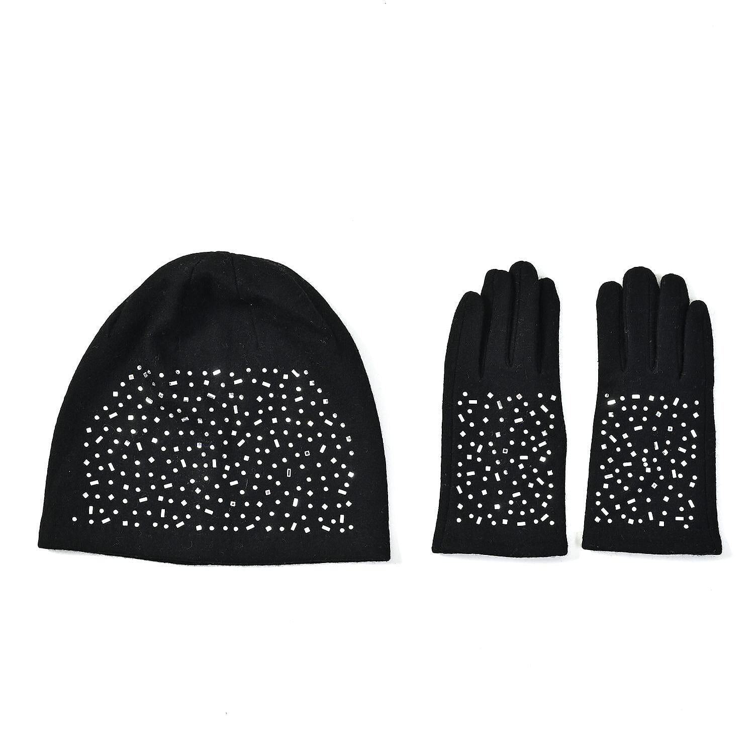 Black 70% Cashmere and 30% Polyester Crystal Pattern Hat (10"x22.84") and 1 Pair Gloves (3.75")