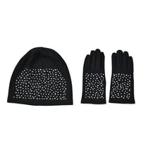 Black 70% Cashmere and 30% Polyester Crystal Pattern Hat (10"x22.84") and 1 Pair Gloves (3.75")