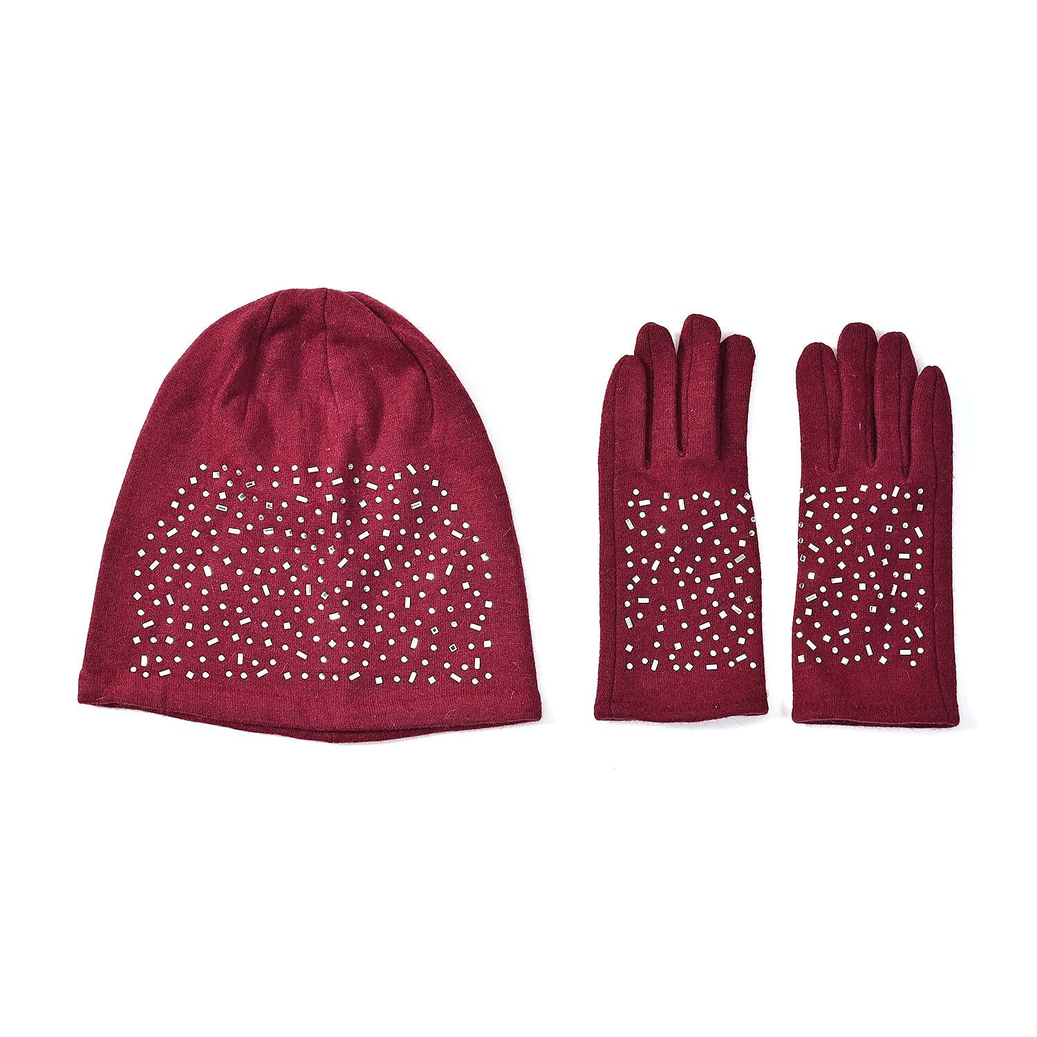 Black 70% Cashmere and 30% Polyester Crystal Pattern Hat (10"x22.84") and 1 Pair Gloves (3.75")