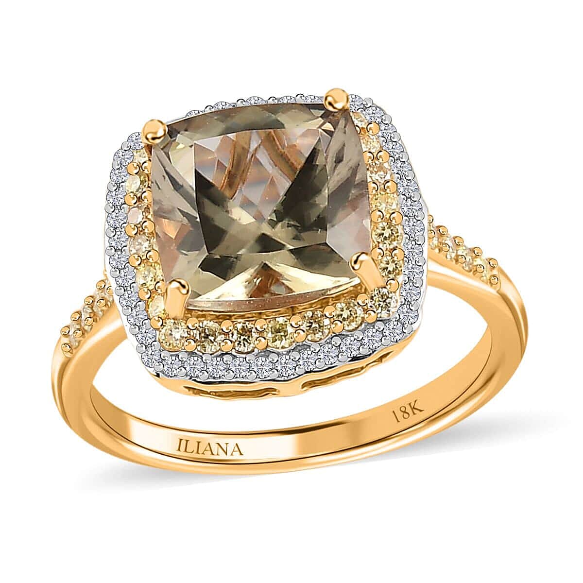 Iliana 18K Yellow Gold AAA Turkizite and SI Natural Yellow and White Diamond Double Halo Ring 4 Grams 4.60 ctw