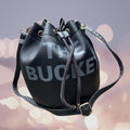 Black Faux Leather Drawstring Bucket Bag (7.5"x6.75"x10.5") with Detachable Shoulder Strap - Sticky add to cart bar