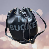Black Faux Leather Drawstring Bucket Bag (7.5"x6.75"x10.5") with Detachable Shoulder Strap