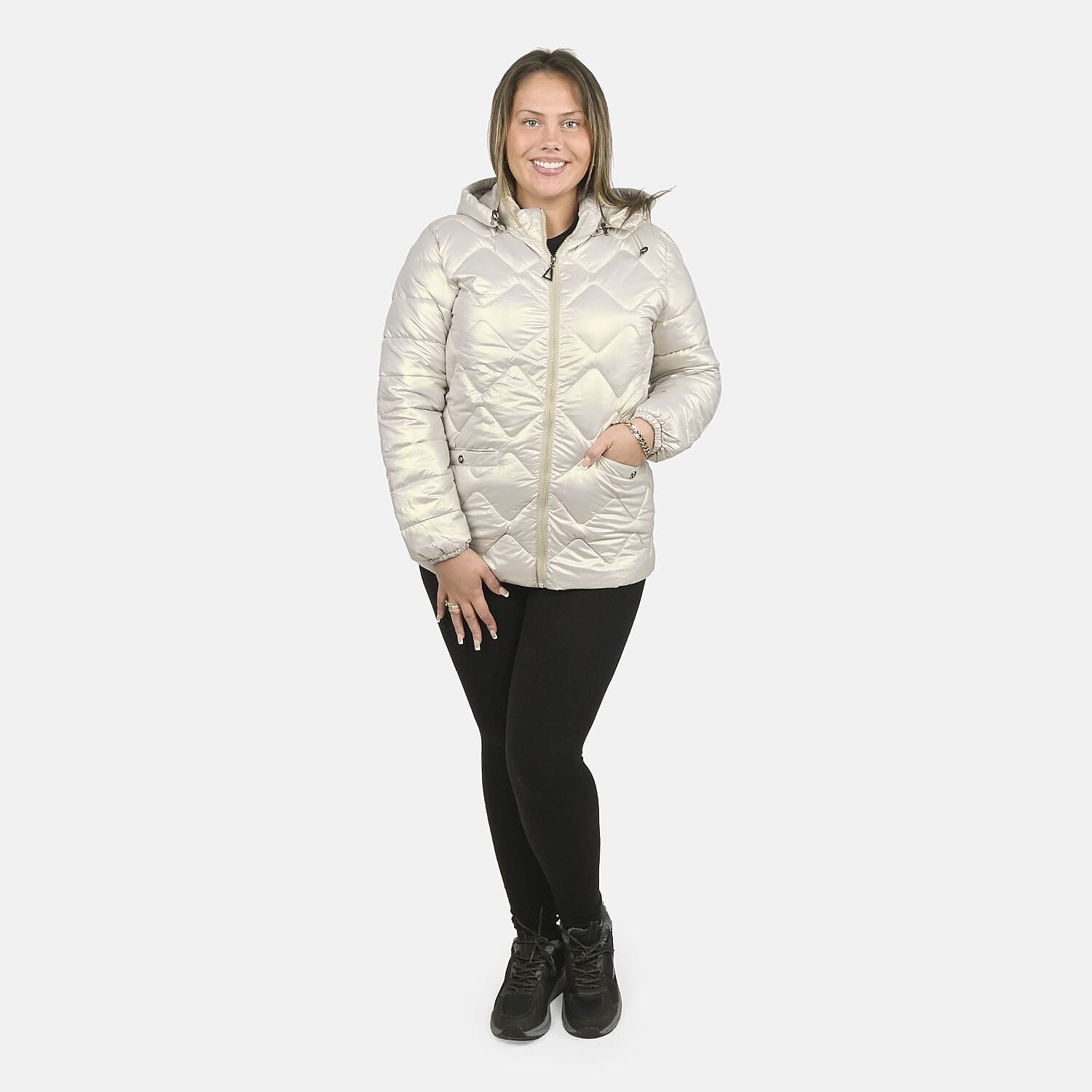 Tamsy Iridescent Gold Quilted Puffer Jacket with Detachable Hood - M
