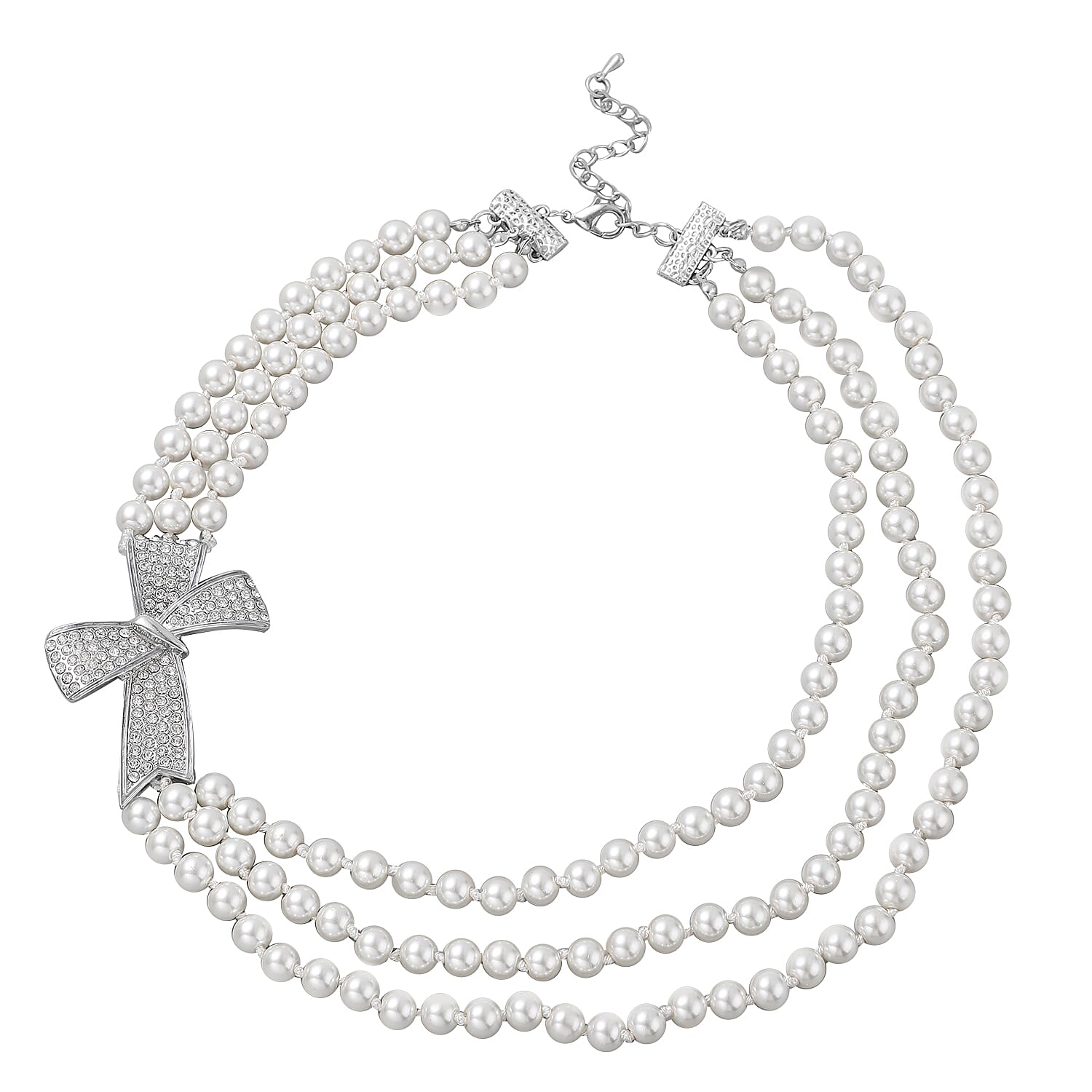 Simulated White Pearl and White Austrian Crystal Triple Row Necklace 20-23 Inches with Bow Clasp in Silvertone