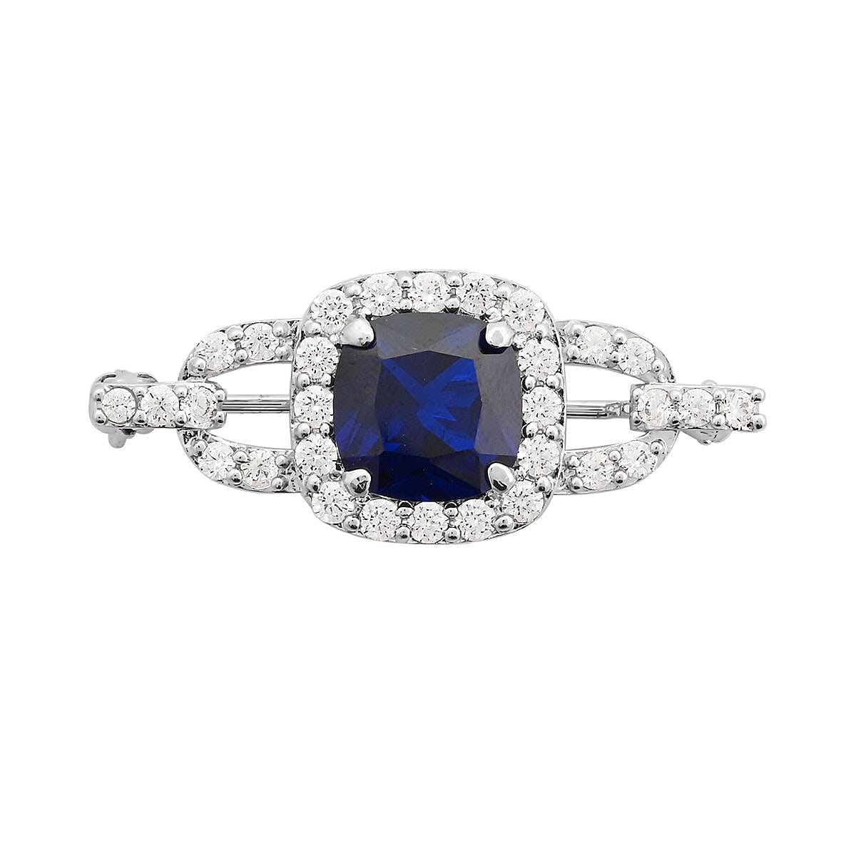 Simulated Blue and White Diamond Brooch in Sterling Silver 2.40 ctw