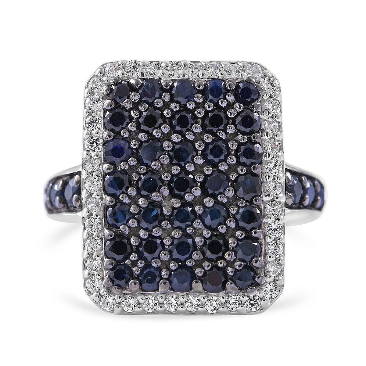 Premium Kanchanaburi Blue Sapphire and White Zircon Ring in Platinum Over Sterling Silver (Size 10.0) 2.60 ctw