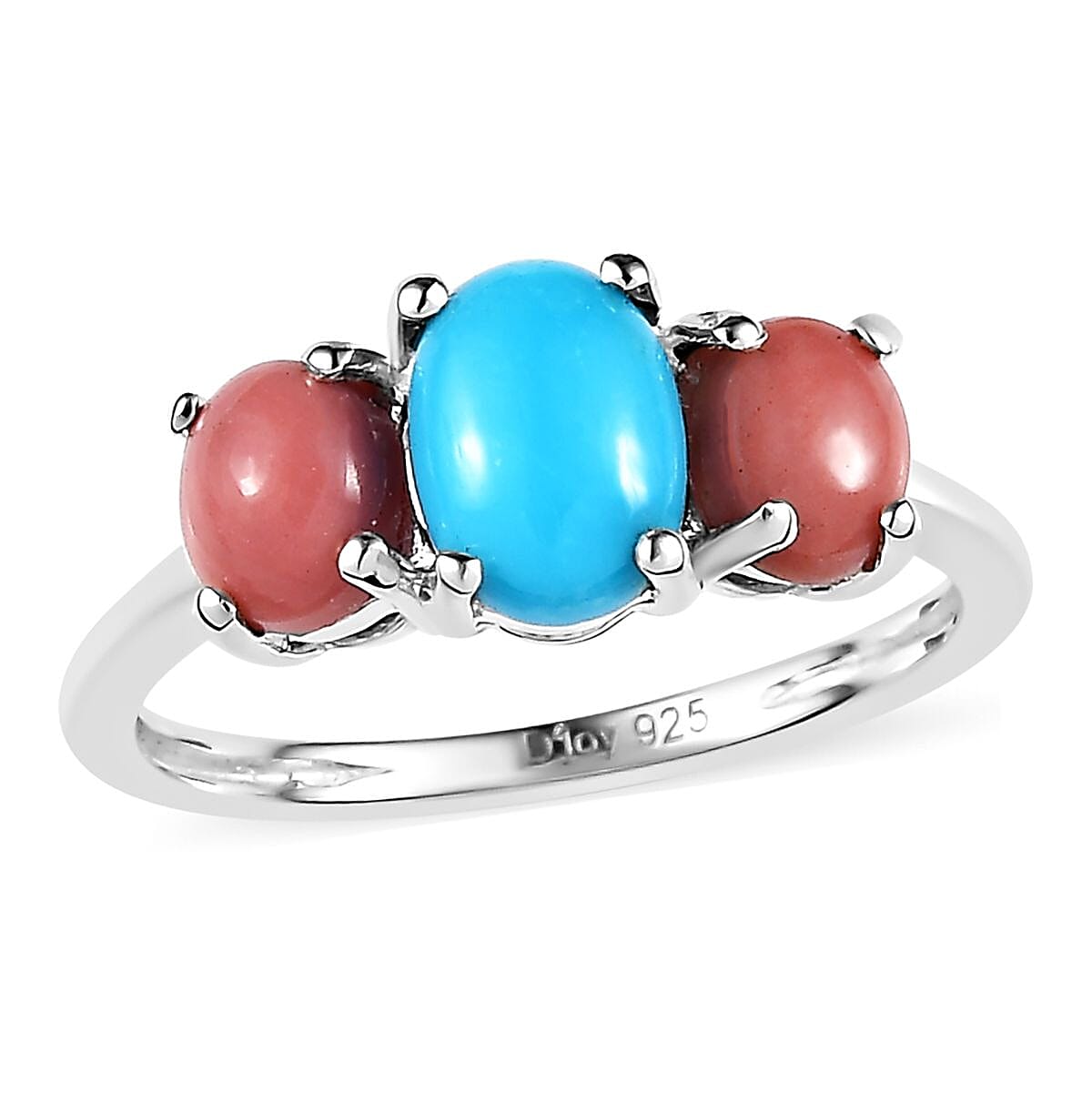Sleeping Beauty Turquoise and Oregon Peach Opal 3 Stone Ring in Sterling Silver 1.25 ctw