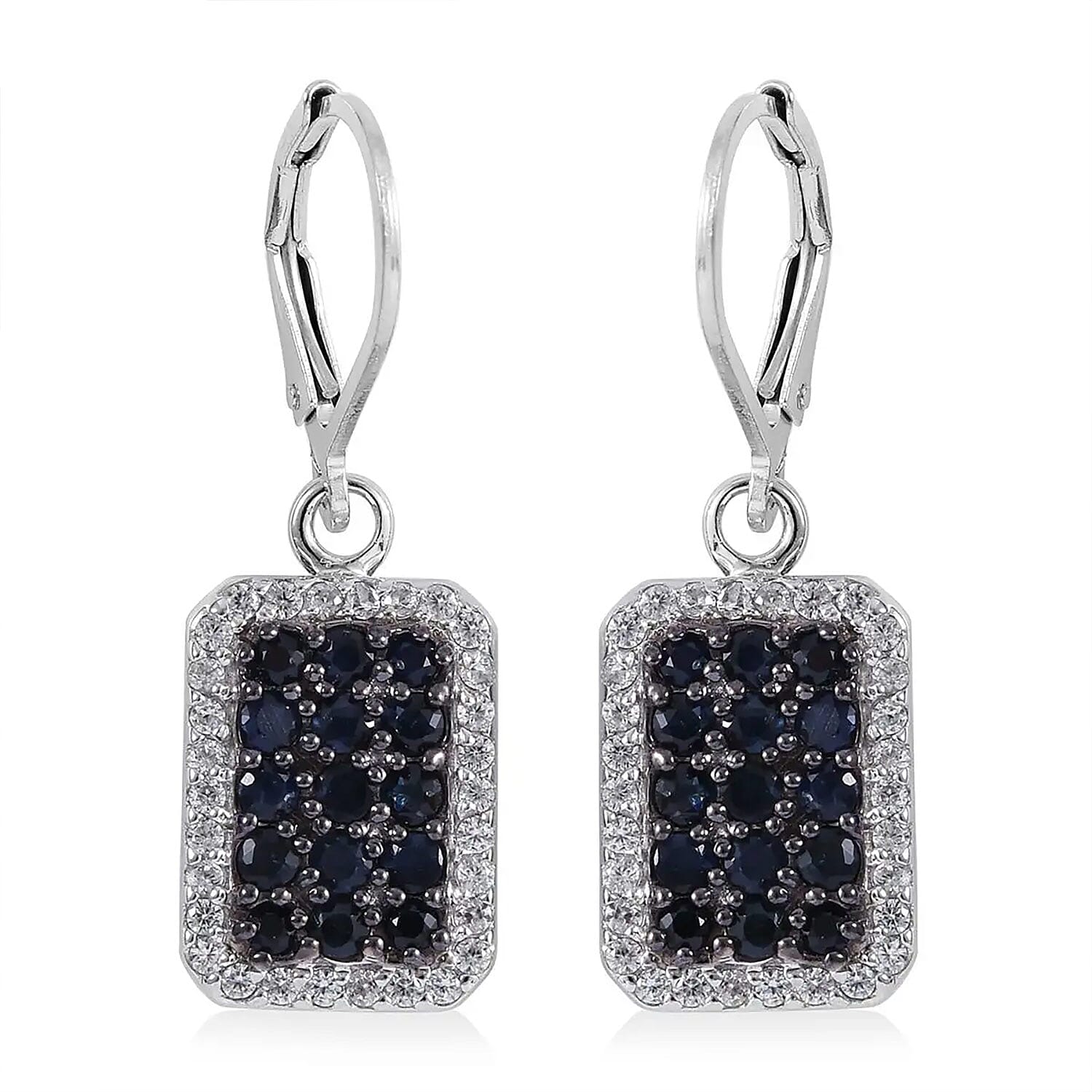 Premium Kanchanaburi Blue Sapphire and White Zircon Earrings in Platinum Over Sterling Silver 2.10 ctw