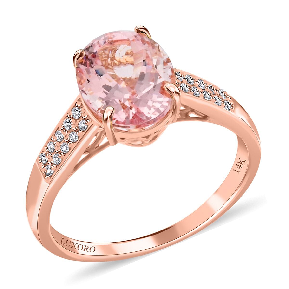 Luxoro 14K Rose Gold AAA Pink Morganite and G-H I2 Diamond Ring 2.60 ctw