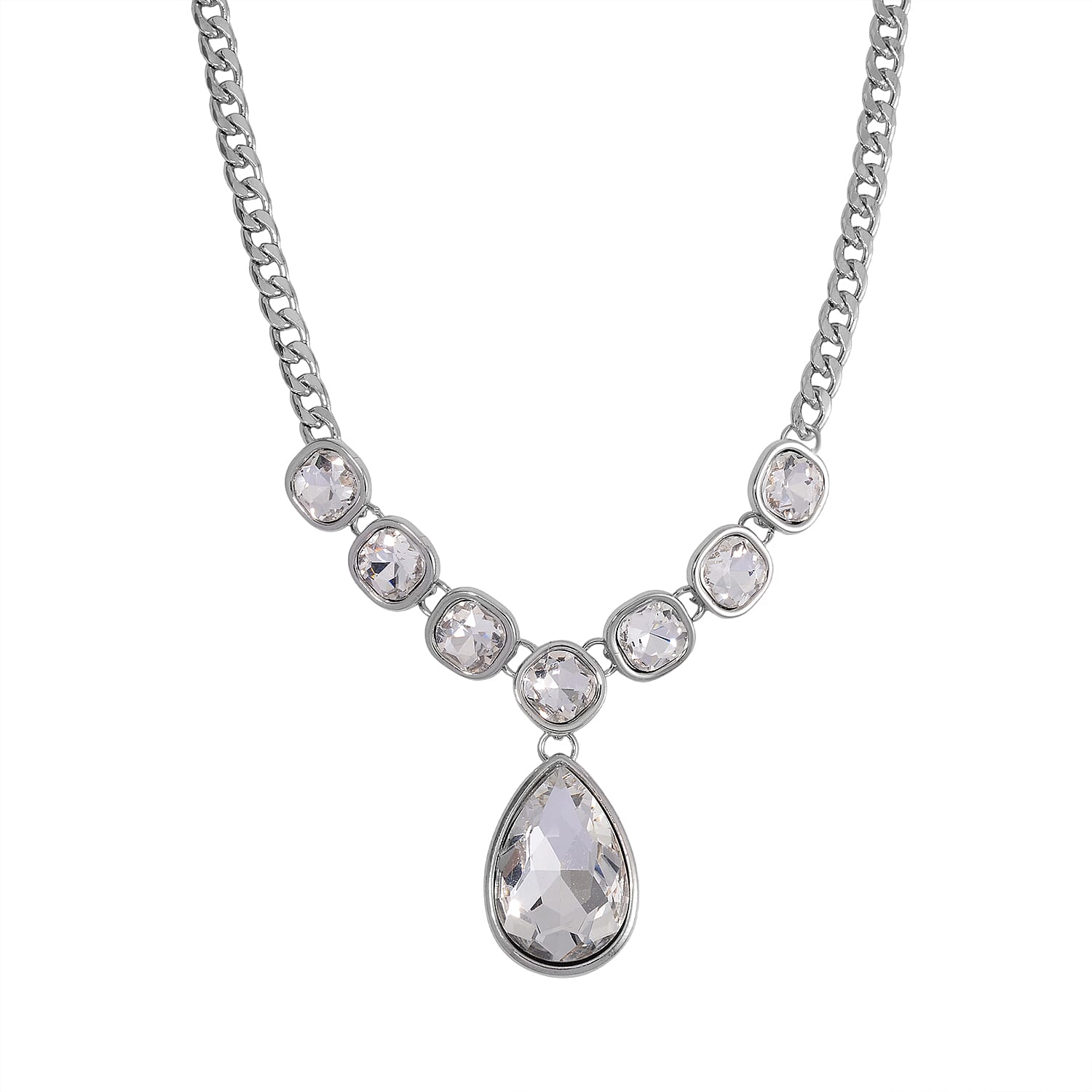 Simulated White Magic Color Quartz Drop Necklace (19.5-21.5Inches) in Silvertone