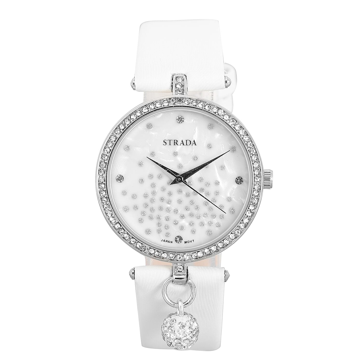 STRADA White Austrian Crystal, Silver Stardust Japanese Movement MOP Dial Watch in Silvertone with White Faux Leather Strap
