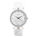STRADA White Austrian Crystal, Silver Stardust Japanese Movement MOP Dial Watch in Silvertone with White Faux Leather Strap - Sticky add to cart bar