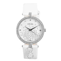 STRADA White Austrian Crystal, Silver Stardust Japanese Movement MOP Dial Watch in Silvertone with White Faux Leather Strap