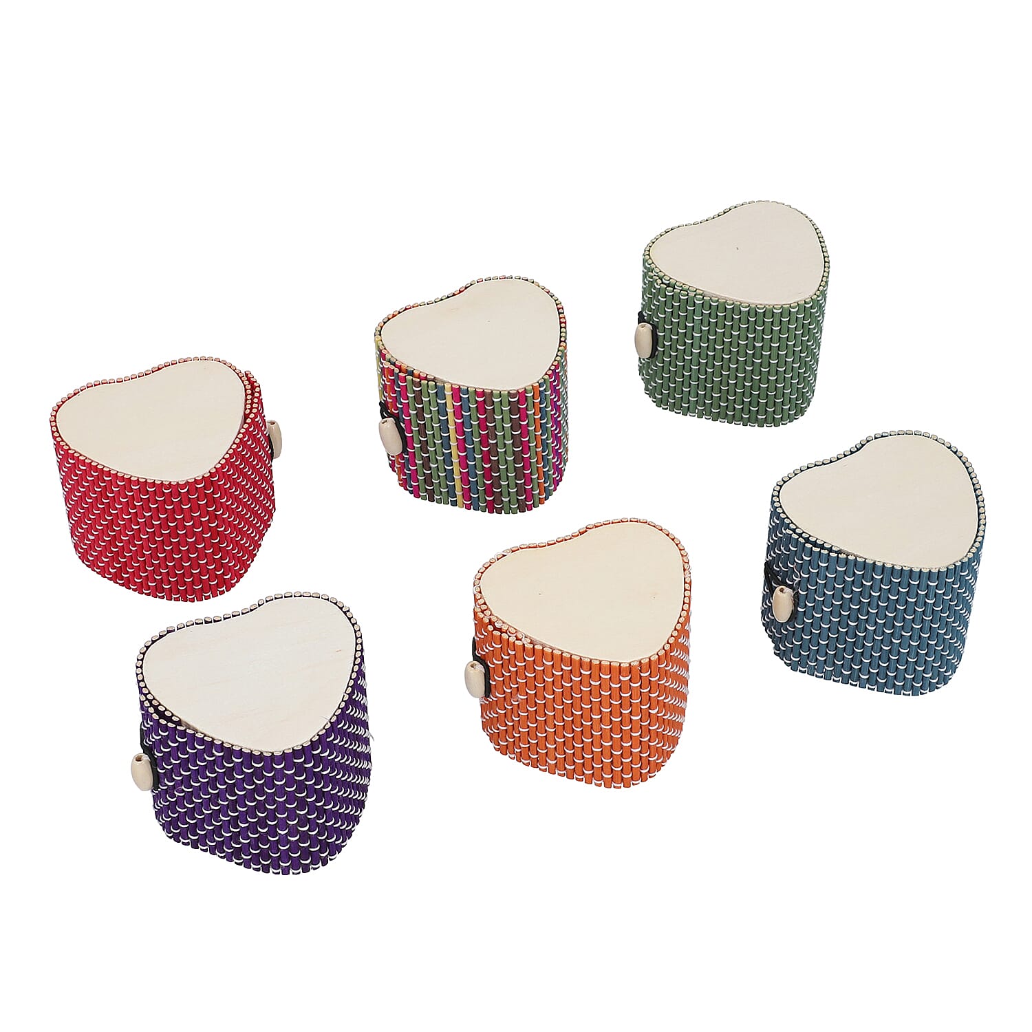 Set of 6 Multi Color Heart Shape Bamboo Jewelry Box (2.95"x2.76"x2.36")
