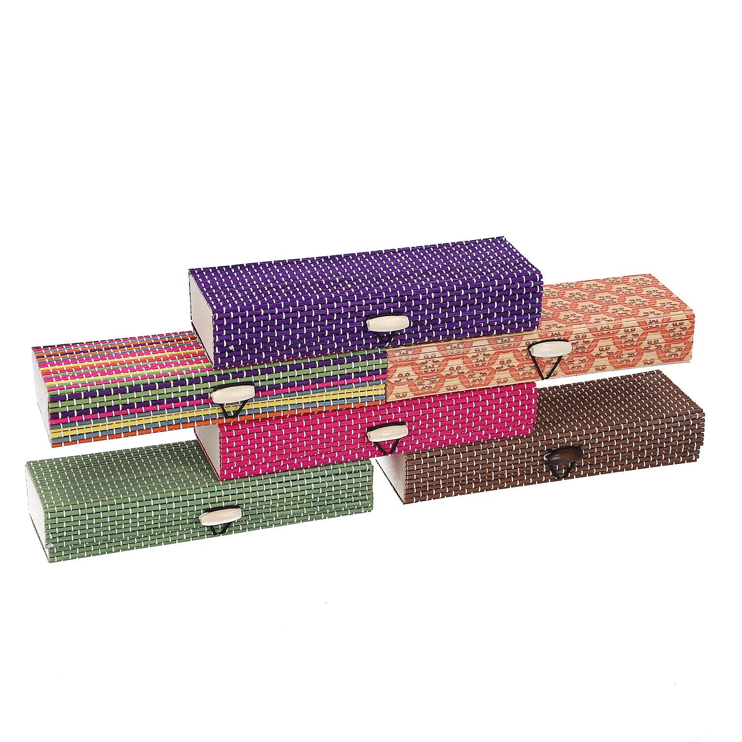 Set of 6 Multi Color Heart Shape Bamboo Jewelry Box (2.95"x2.76"x2.36")